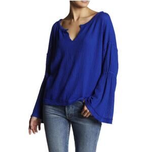 We The Free Sapphire Blue Dahlia Cotton Blend Bell Sleeve Top - Size - Medium